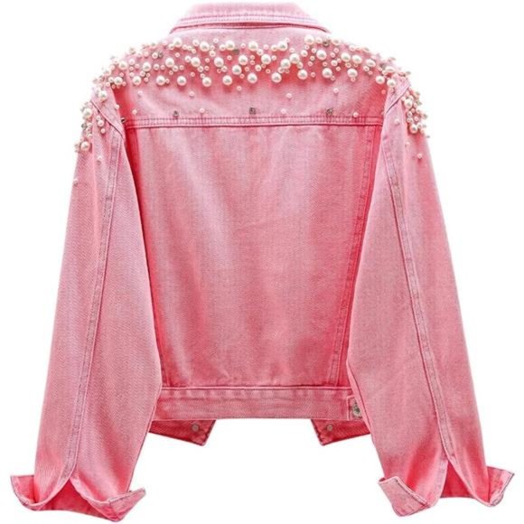 Women's Embroidered Rivet Pearl Short Denim Jacket Coat Pink - Picture 2 of 6